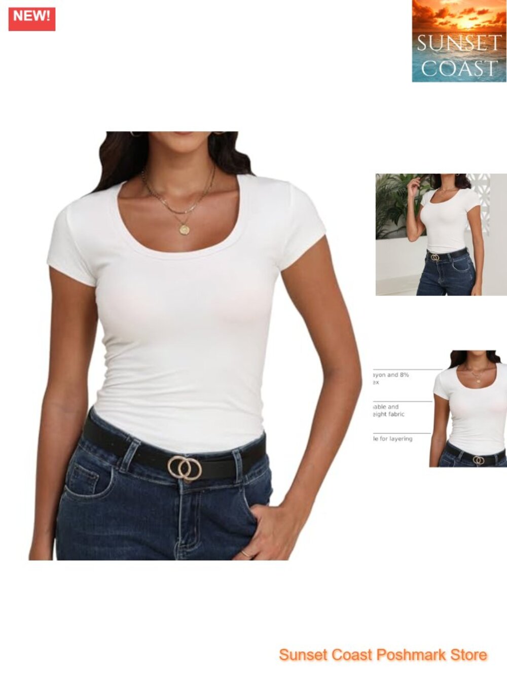 Scoop Neck Short Sleeve Fitted T-Shirt Stretchy Rayon Summer Basic Tee